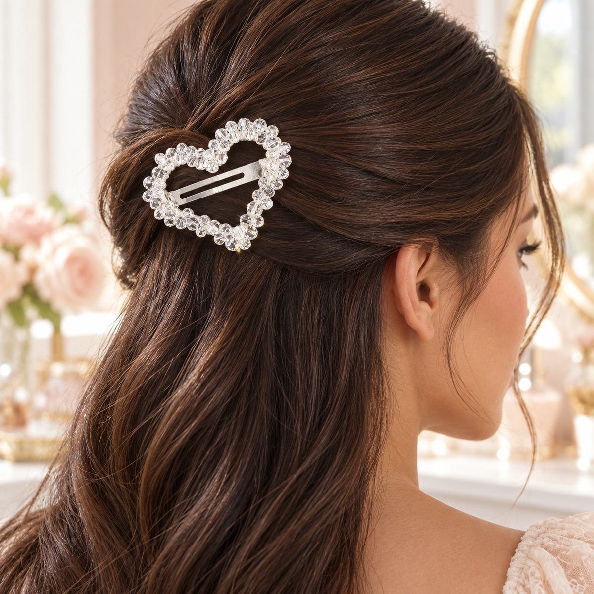 Translucent White Beaded Heart Hair Clip