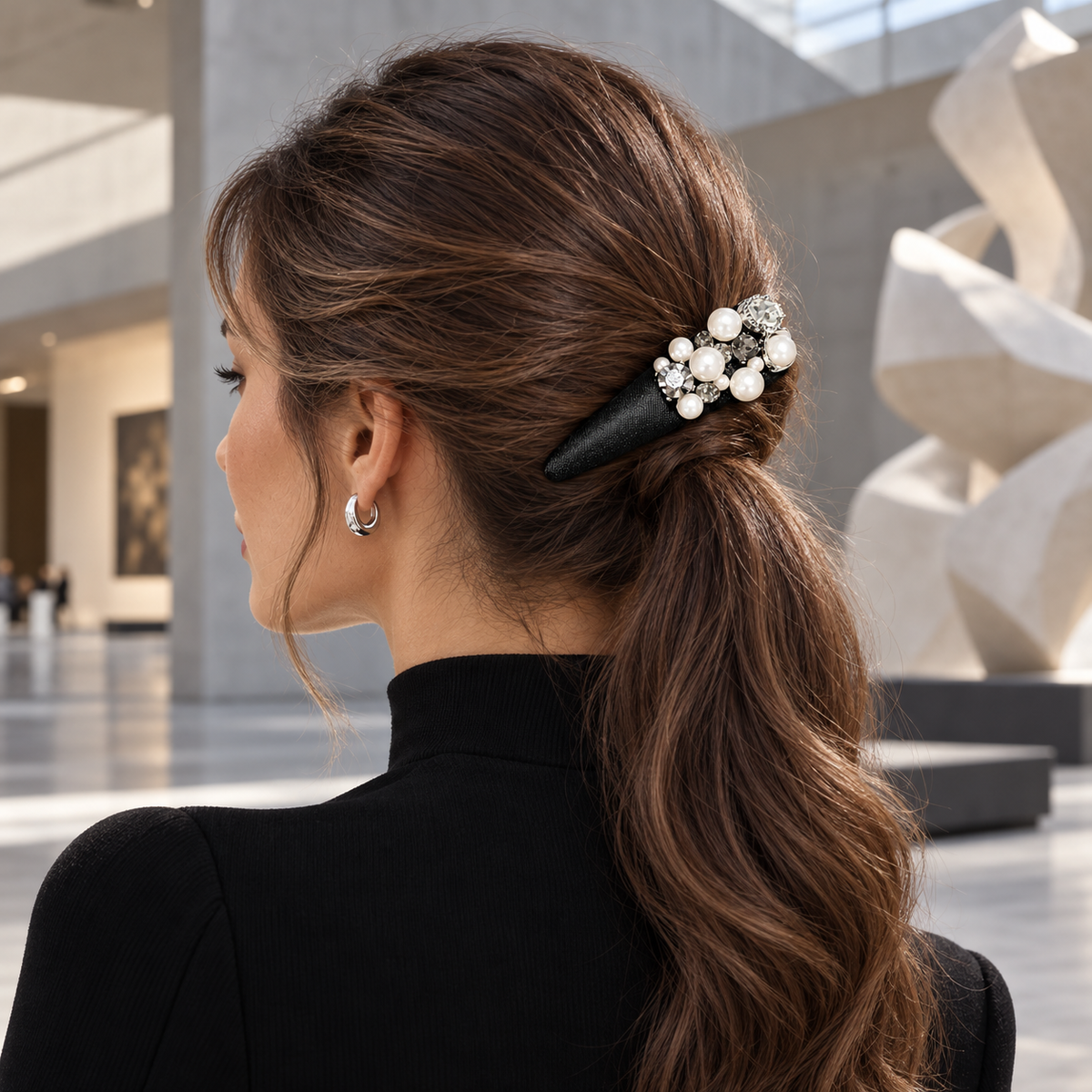 Black Satin Pearl and Zircon BB Hair Clip