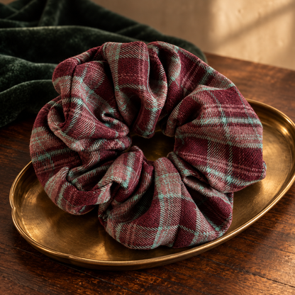 Khaki and Blue Plaid Scrunchie
